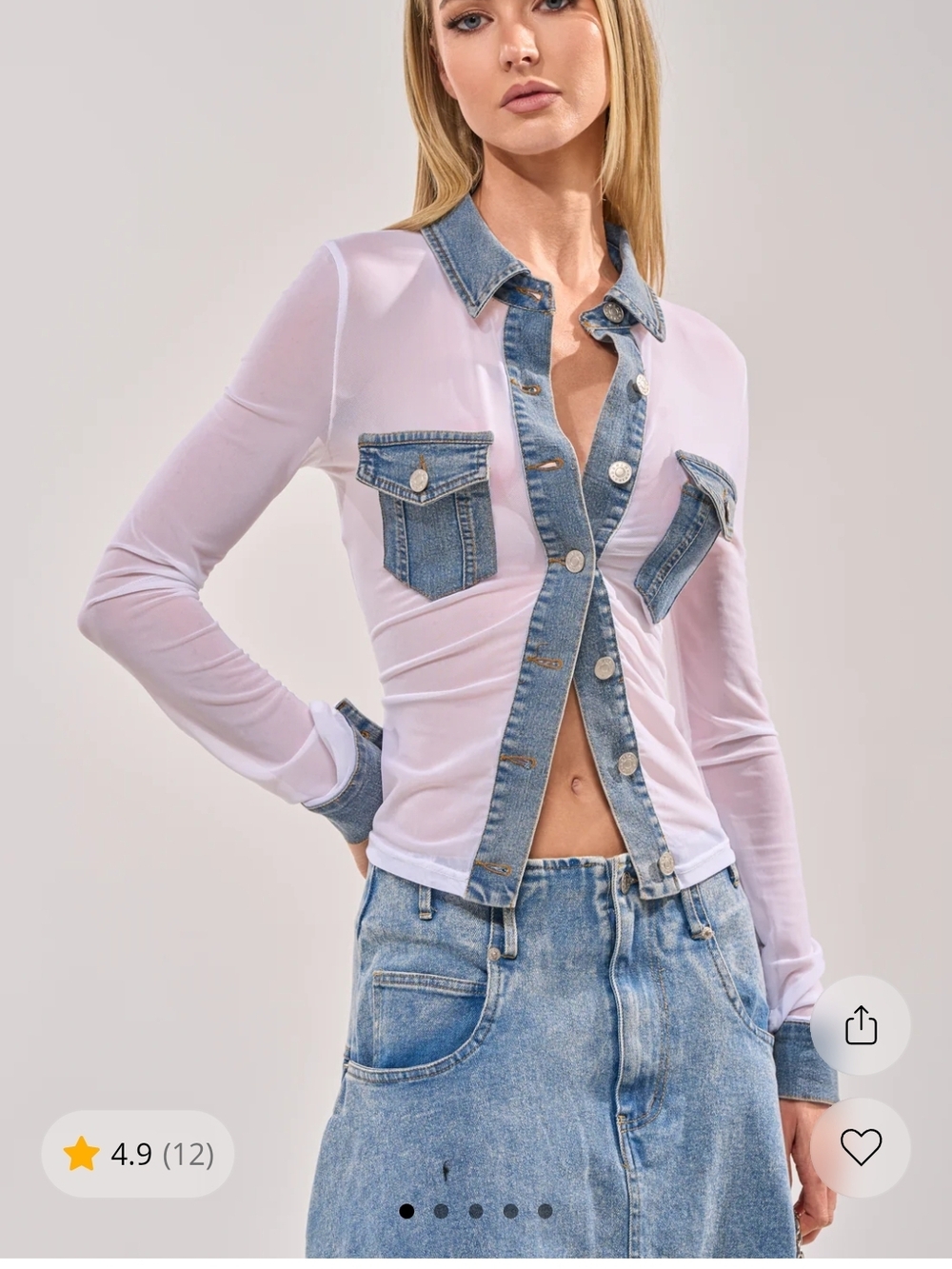 AKIRA Sheer White Top with Denim Trim